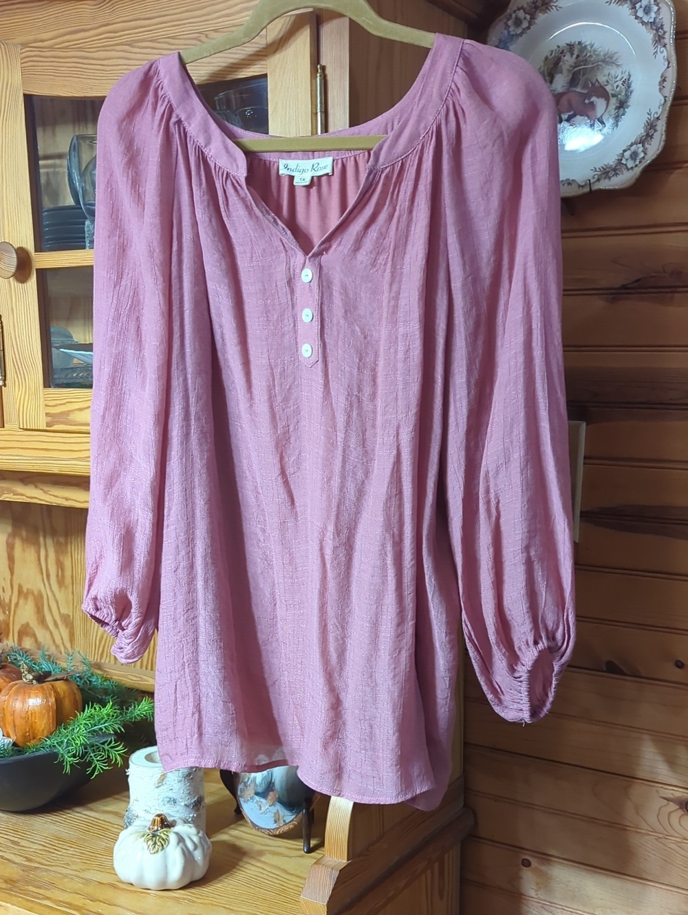 Rose Pink Peasant Blouse with Button Placket